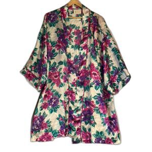 Vintage California Dynasty Robe Kimono Womens Large Pink Purple Floral Satin